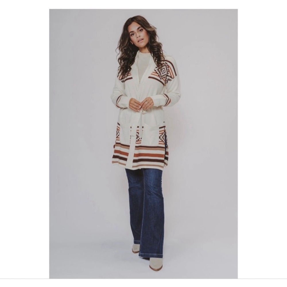 The Normal Brand Cream & Brown Belted Aztec Cardigan M
